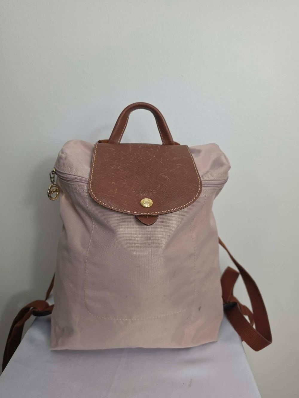 Longchamp Le Pliage Small Pink Nylon Backpack with Brown Leather Trim
